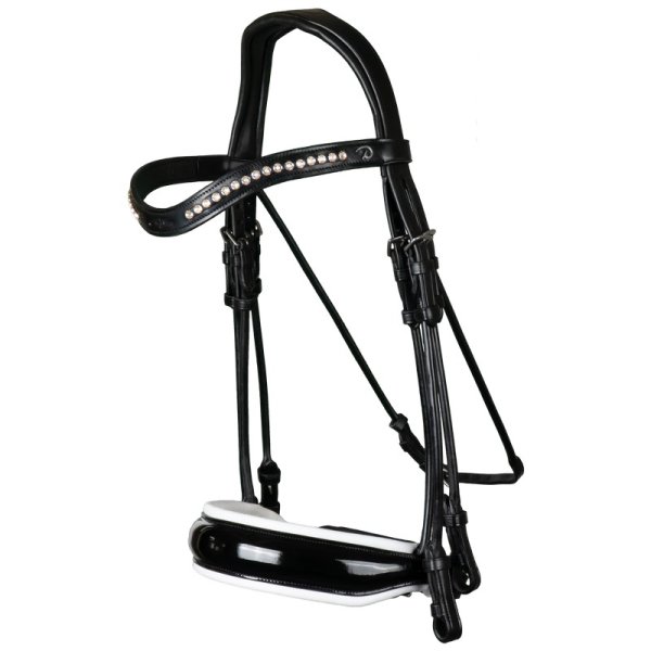 Dyon dressage collection Rundgen&auml;hte Kandare mit breitem Schwedischem Lack Reithalfter Wei&szlig; Unterlegt schwarz
